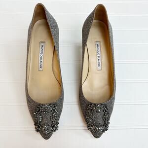 Manolo Blahnik Hangisi Pumps 50mm Grey Bronze Silver Glitter Crystal Buckle 37